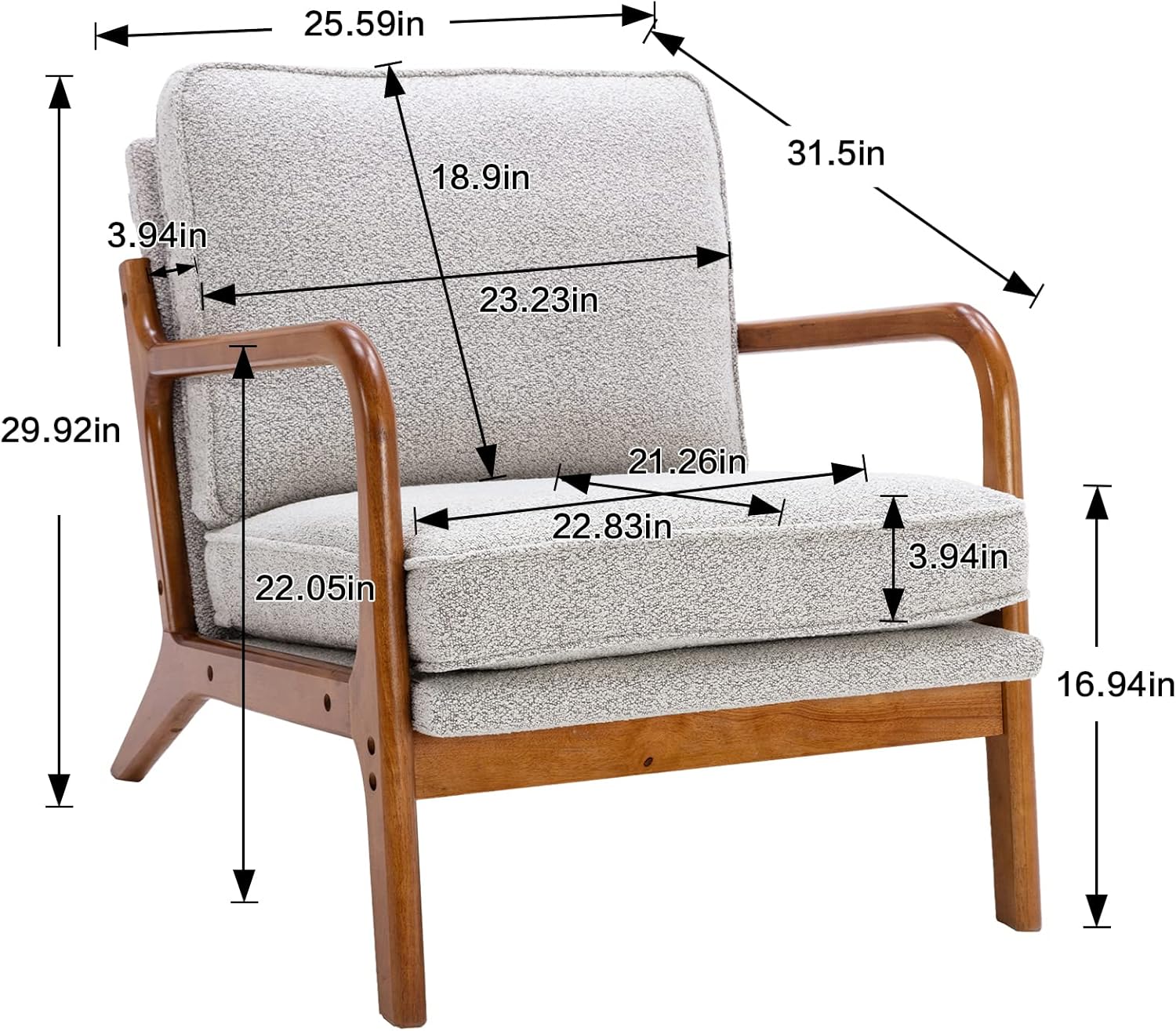 JOYBASE Sillón con brazos, moderna de mediados de siglo, sillón con marco de madera para sala de estar, dormitorio (gris ostra, tela)