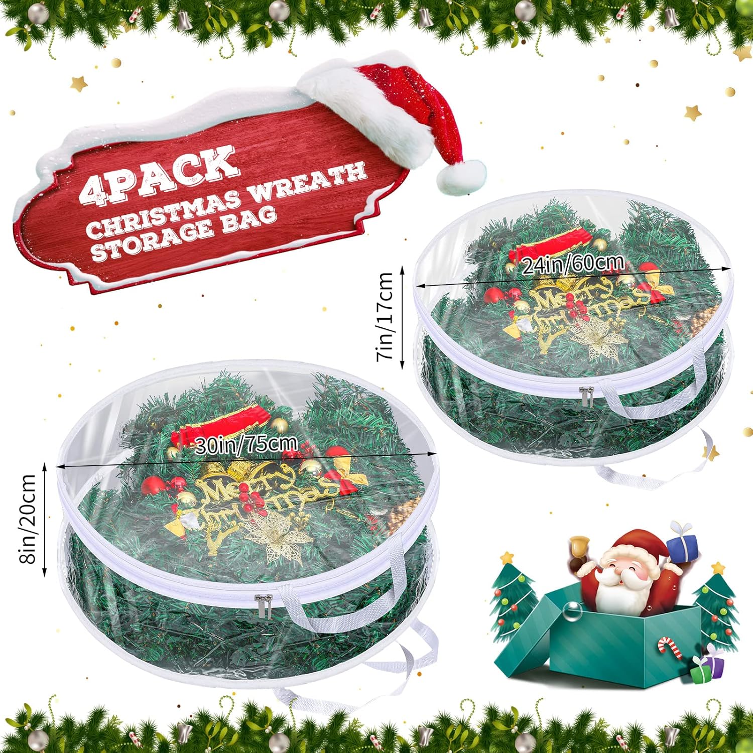 Contenedor de almacenamiento de corona de Navidad de 30 pulgadas y 24 pulgadas, paquete de 4 bolsas de almacenamiento transparentes para coronas de