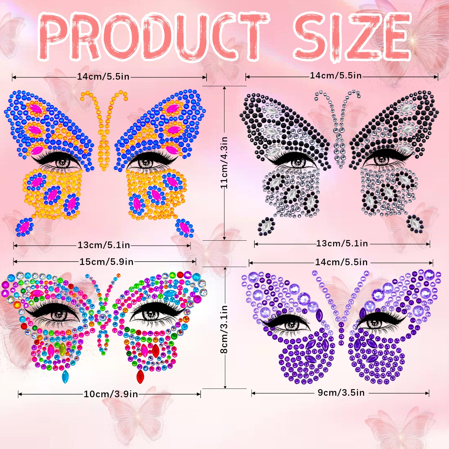 4 hojas de calcomanías para la cara, gemas de mariposa para festivales, fiestas, gemas de diamantes de imitación autoadhesivos, cristales para pegar
