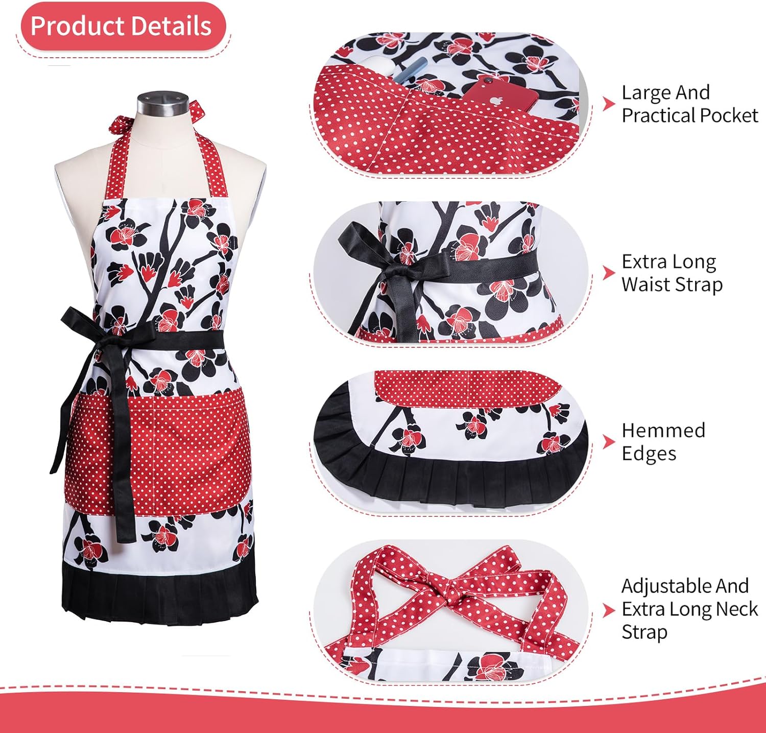 Alex Virtue Delantales retro con patrón de flores con bolsillos grandes para mujeres y niñas, cocina, panadería, regalo de madre