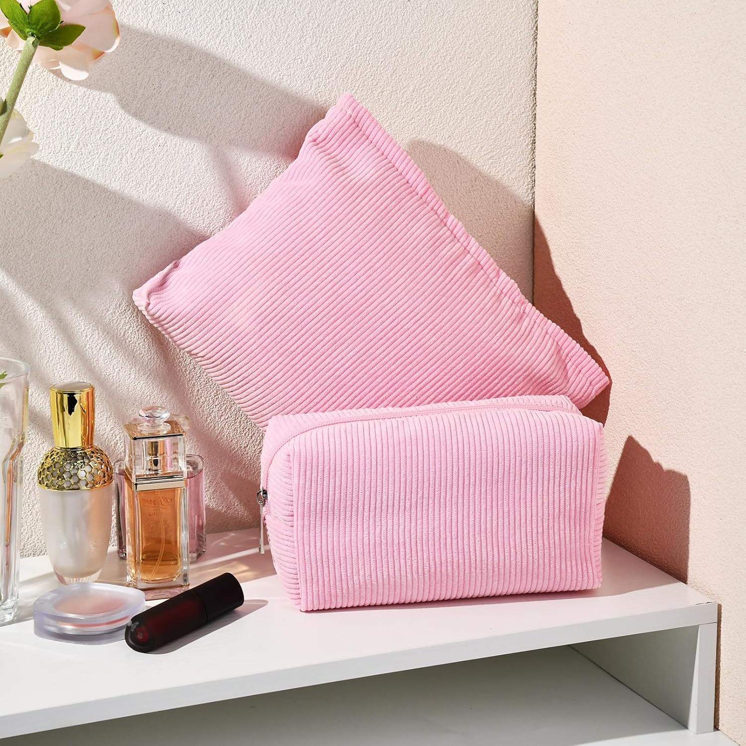 Bolsa de maquillaje de 2 piezas, bolsa grande de pana para cosméticos, bolsa de aseo de viaje, bolsa de aseo de viaje, organizador de brochas de