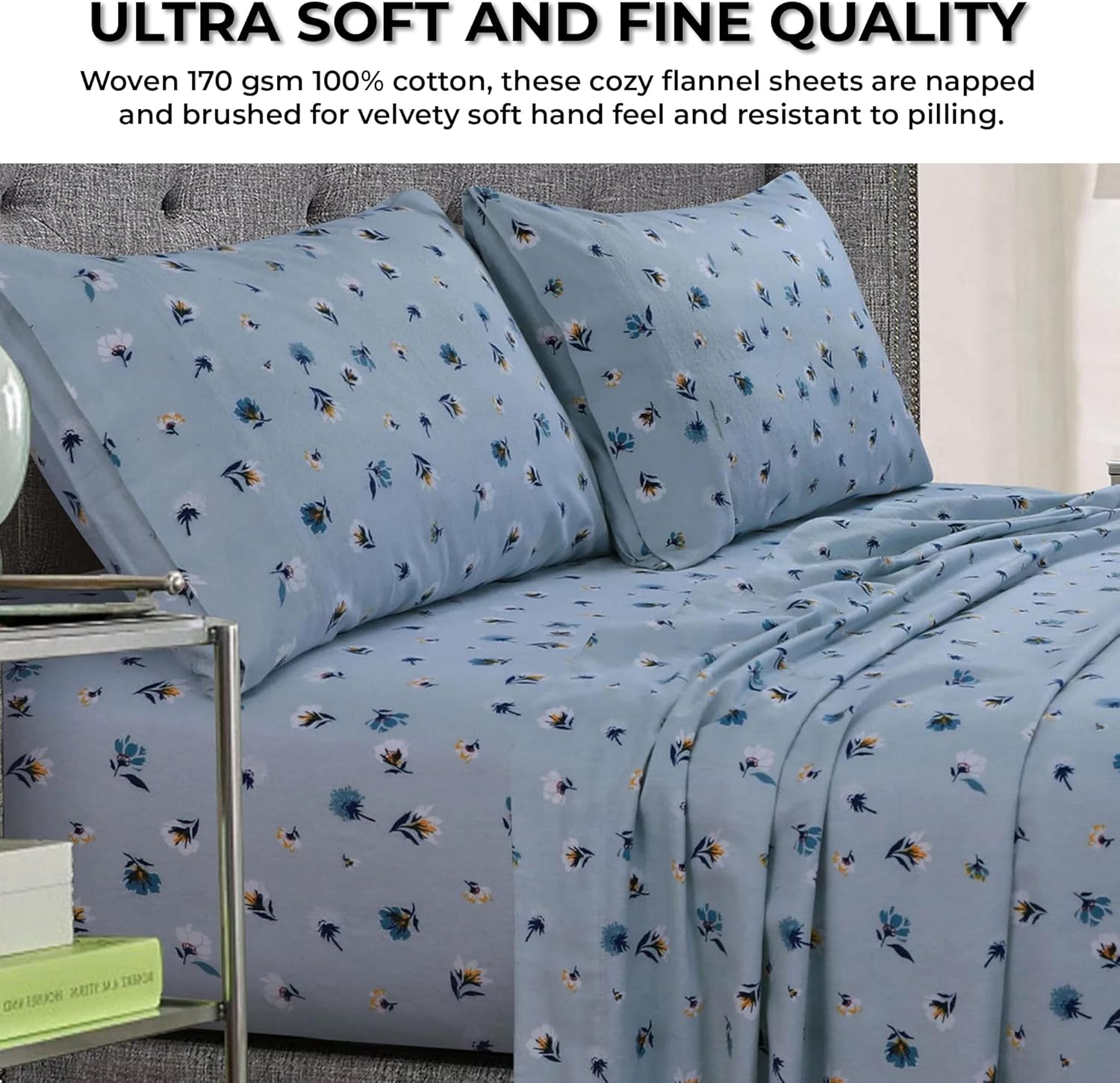 Tribeca Living Floryn – Juego de sábanas de franela con bolsillo extra profundo de 170 GSM, color azul suave, (FLORYNSHEFUBL) , azul claro