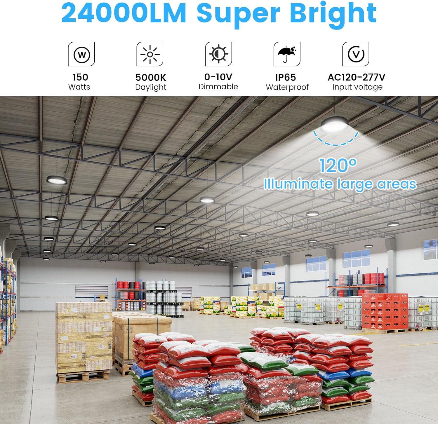 Paquete de 6 luces LED UFO de alta bahía de 150 W, 24000 lm (650 W MHHPS Eqv.) 5000 K luces LED de alta bahía con enchufe de EE. UU., 0-10 V