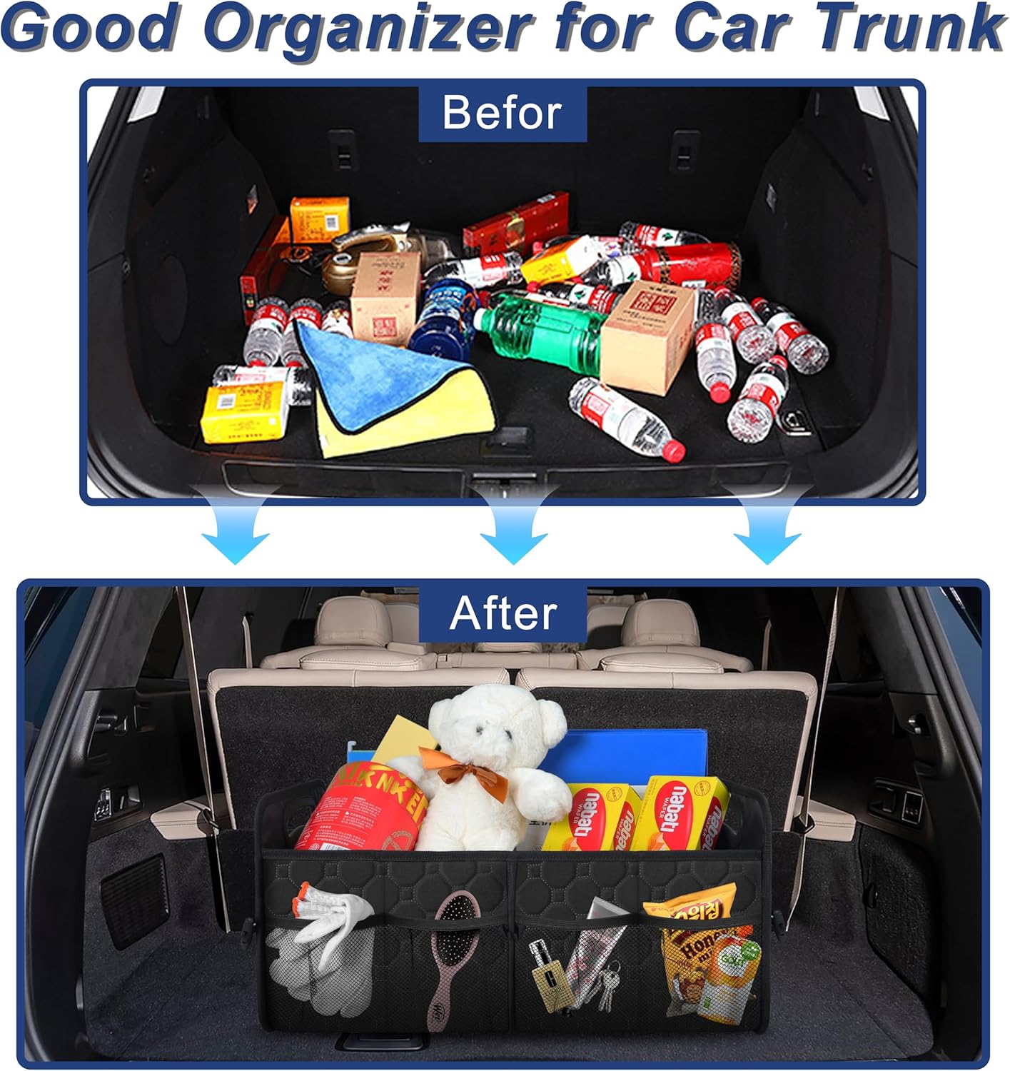 Organizador de maletero para automóvil, organizador plegable de maletero de SUV, accesorios de automóvil de 50 litros para mujereshombres,