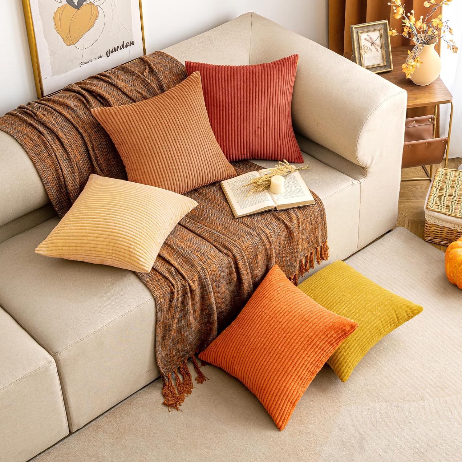 EMEMA Juego de 2 fundas de almohada de pana de color naranja quemado otoñal, fundas de cojín cuadradas de rayas suaves para sofá, dormitorio, silla