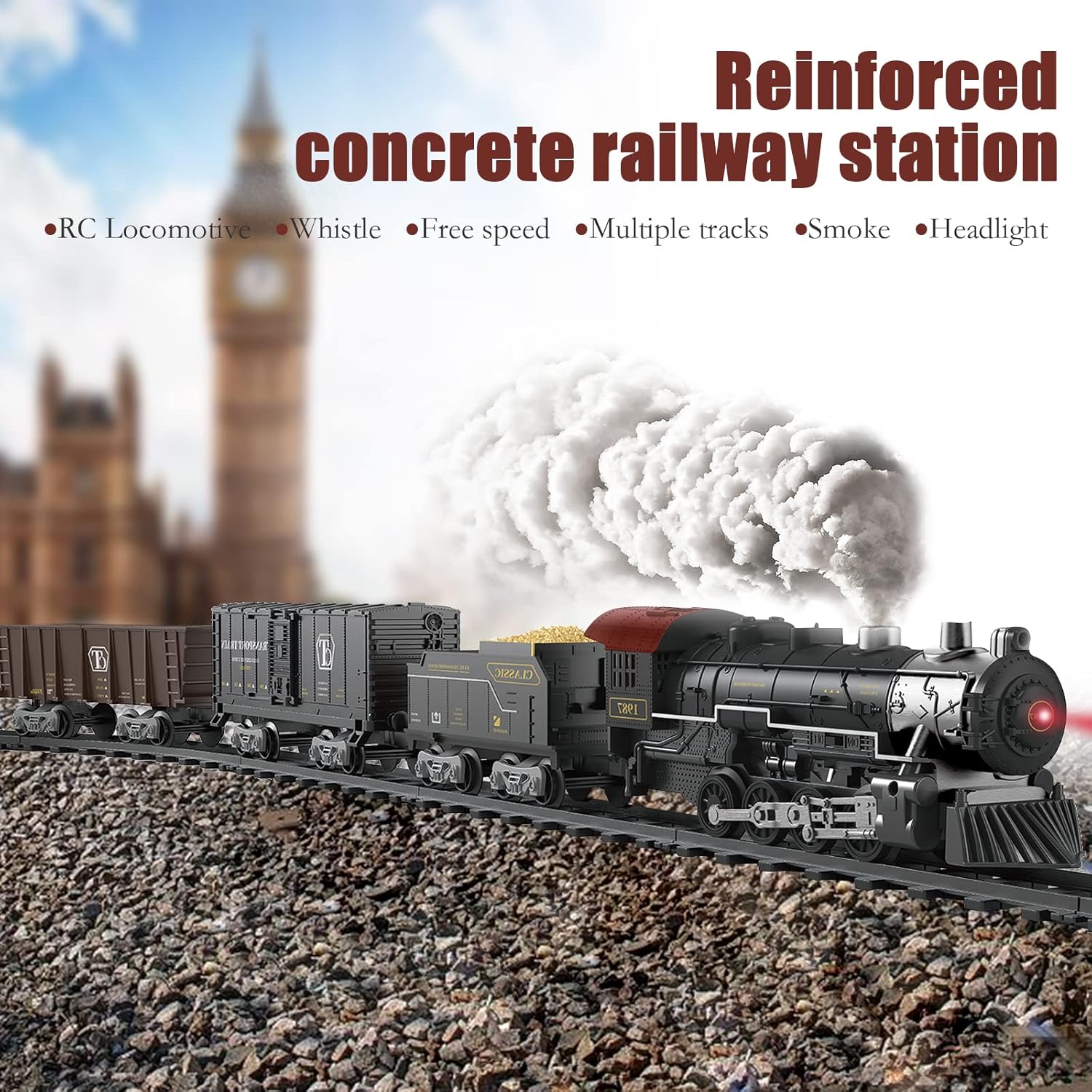 Juego de tren de juguetes eléctricos para niño, modelo de pista de tren a control remoto, juguete con locomotora, luz, sonido. Tren para árboles de
