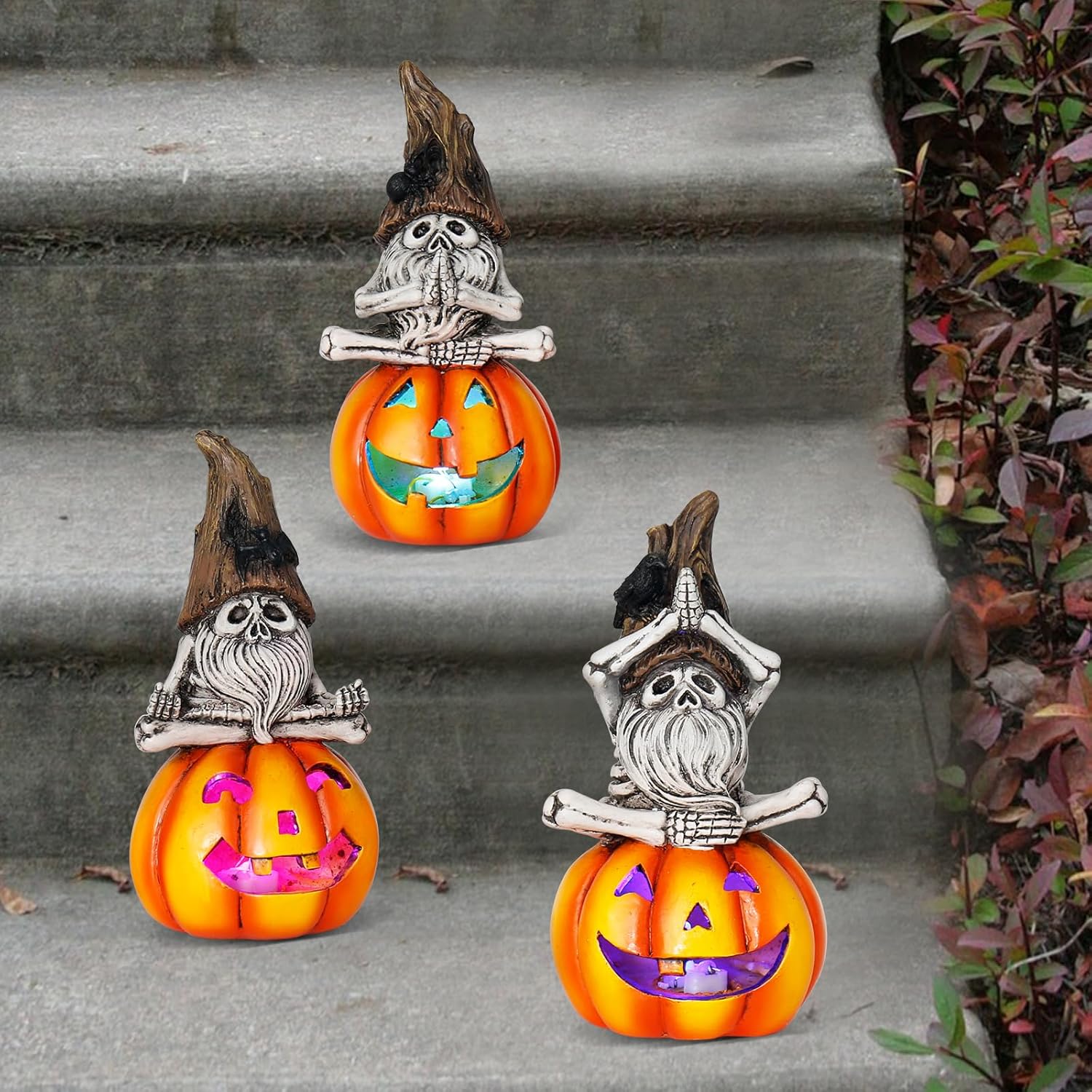 Adornos de esqueleto de luz de calabaza de Halloween, 3 juegos de luces decorativas de calabaza LED de Halloween