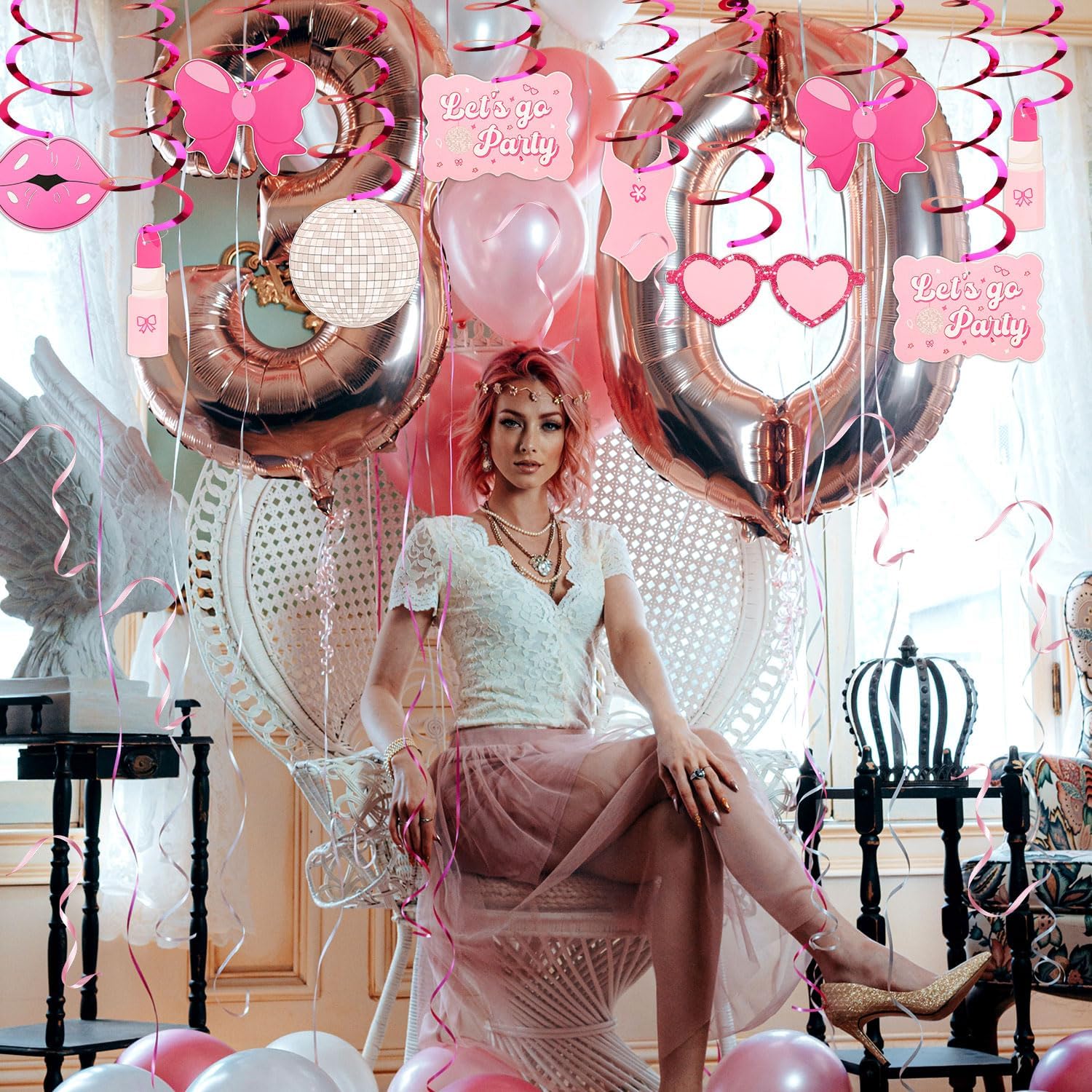 20 decoraciones de cumpleaños de princesa rosa, decoraciones de fiesta de cumpleaños para niñas, espirales colgantes de color rosa intenso,