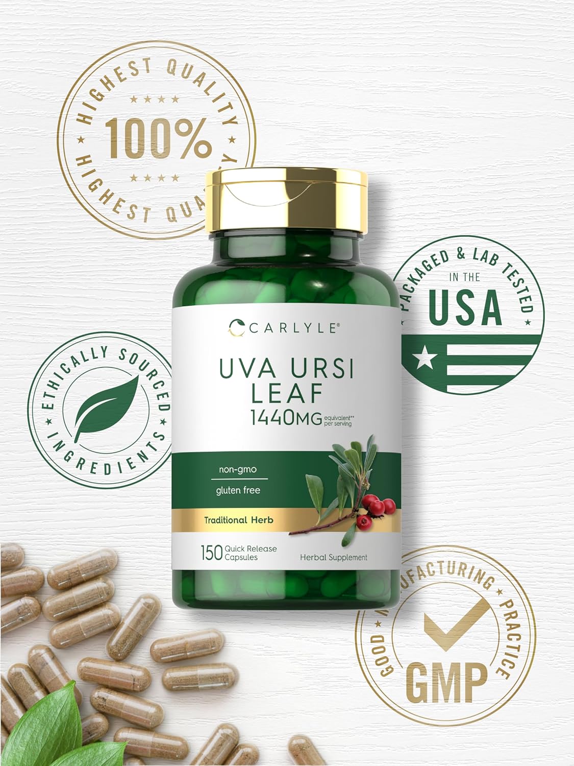Carlyle Uva Ursi Cápsulas  1440 mg  150 unidades  Extracto de hoja de hierbas  Sin OMG  Suplemento sin gluten