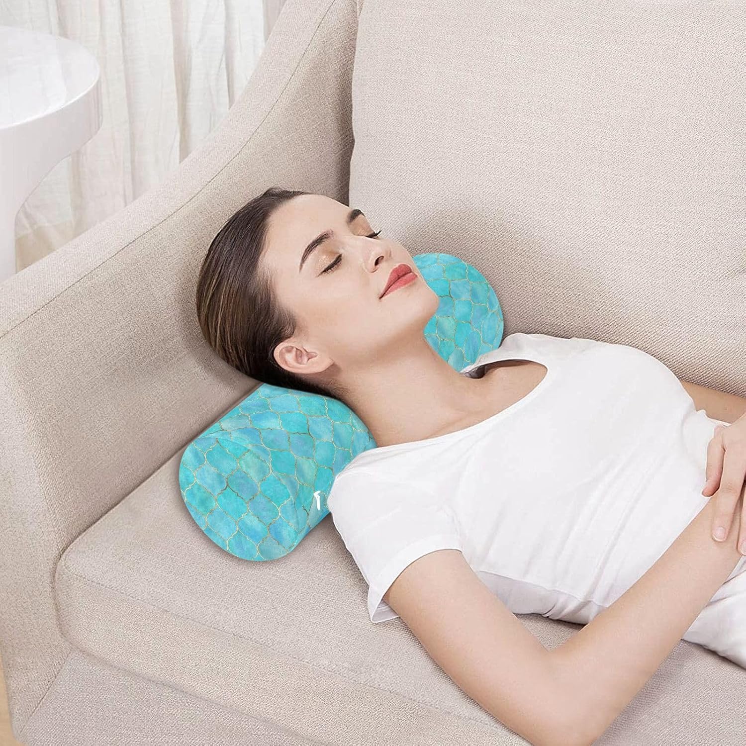 Almohada cervical cervical vintage marroquí azul turquesa para aliviar el dolor, almohada de espuma viscoelástica cómoda para cuello, cabeza,