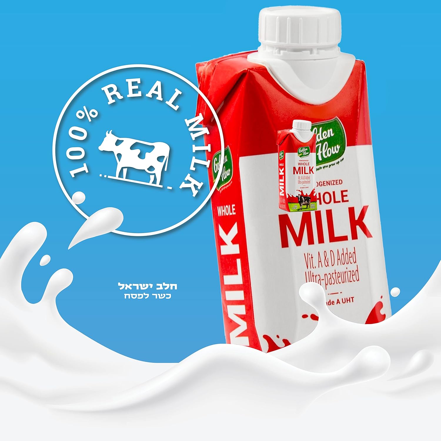 Golden Flow Leche entera duradera  Leche en caja UHT  Fortificada con vitaminas A y D  No necesita refrigeración, Cholov Yisroel, Kosher para Pascua