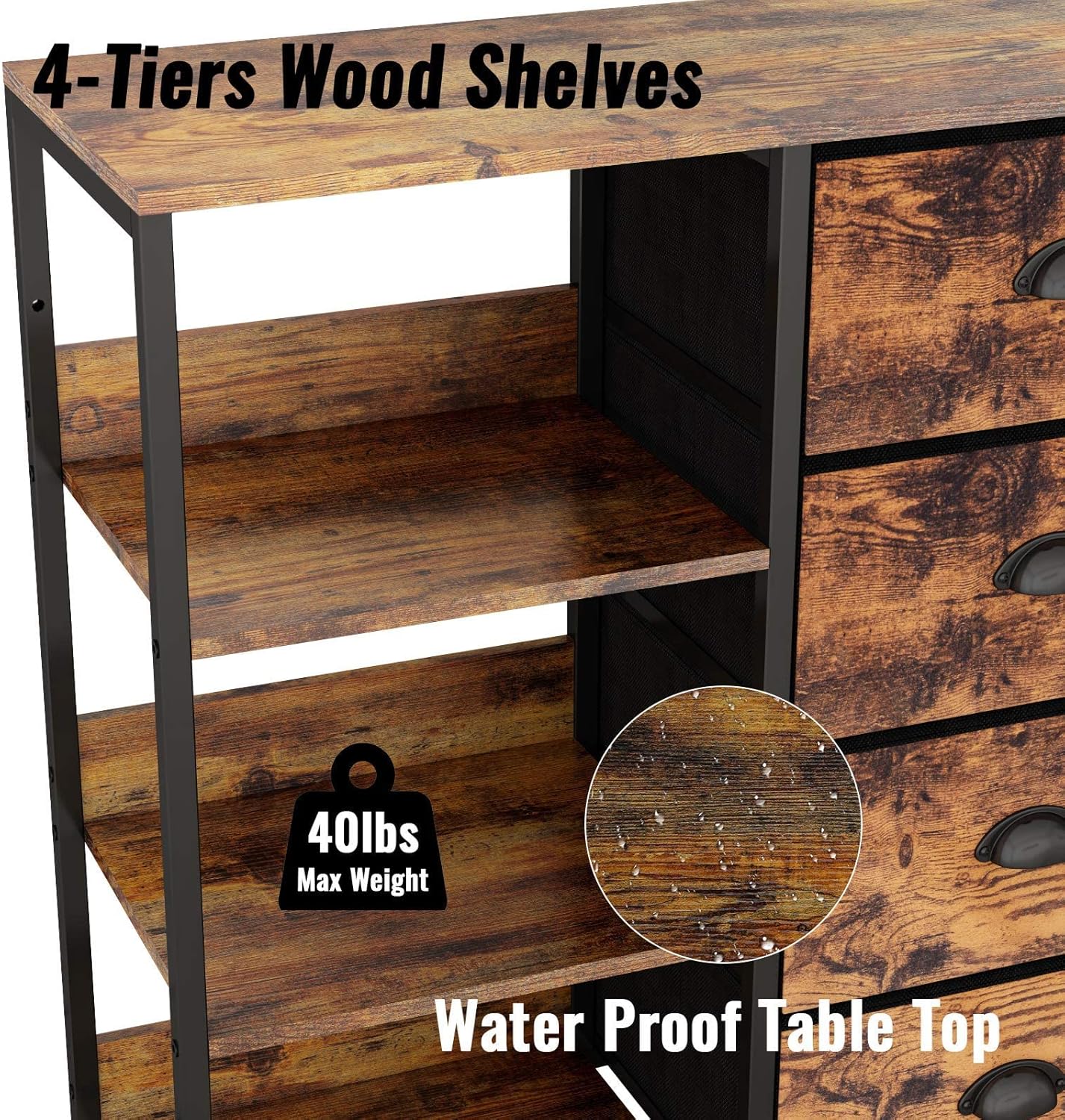 Furologee Cómoda de tela con 4 cajones y estante lateral, organizador industrial ligero para entrada, dormitorio, mesita de noche, oficina, cocina