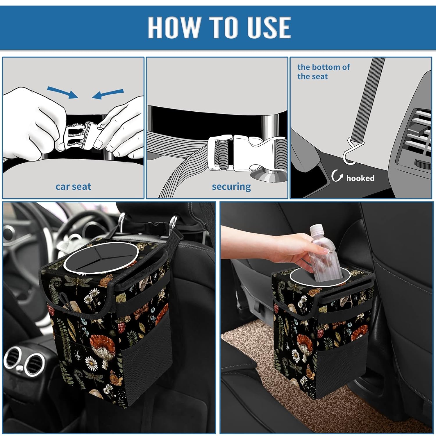 GACTIVITY Bote de basura para auto con tapa, plegable, reutilizable, impermeable, con setas, botes de basura para automóvil, accesorios para