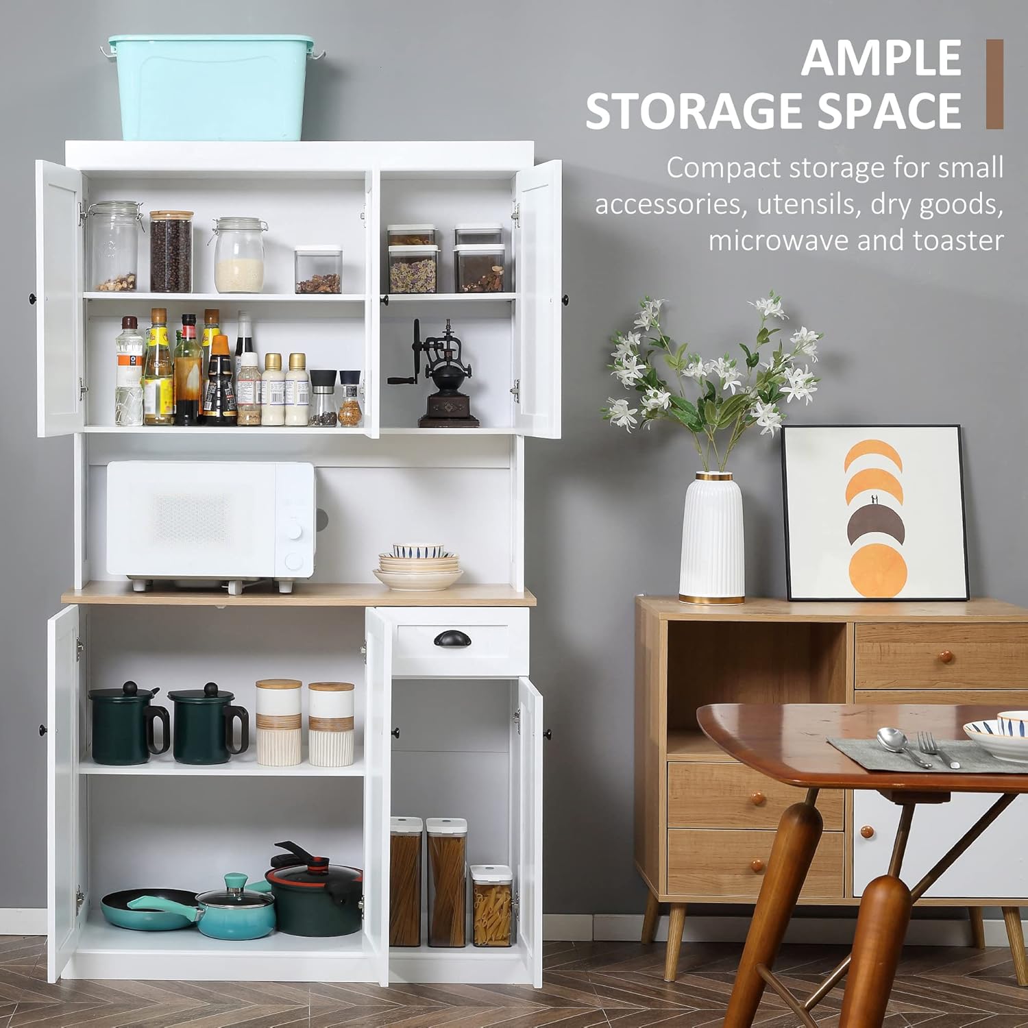 HOMCOM Buffet de 71 pulgadas con gabinete, gabinete de almacenamiento moderno de cocina de granja con encimera de horno microondas, cajón y armario,
