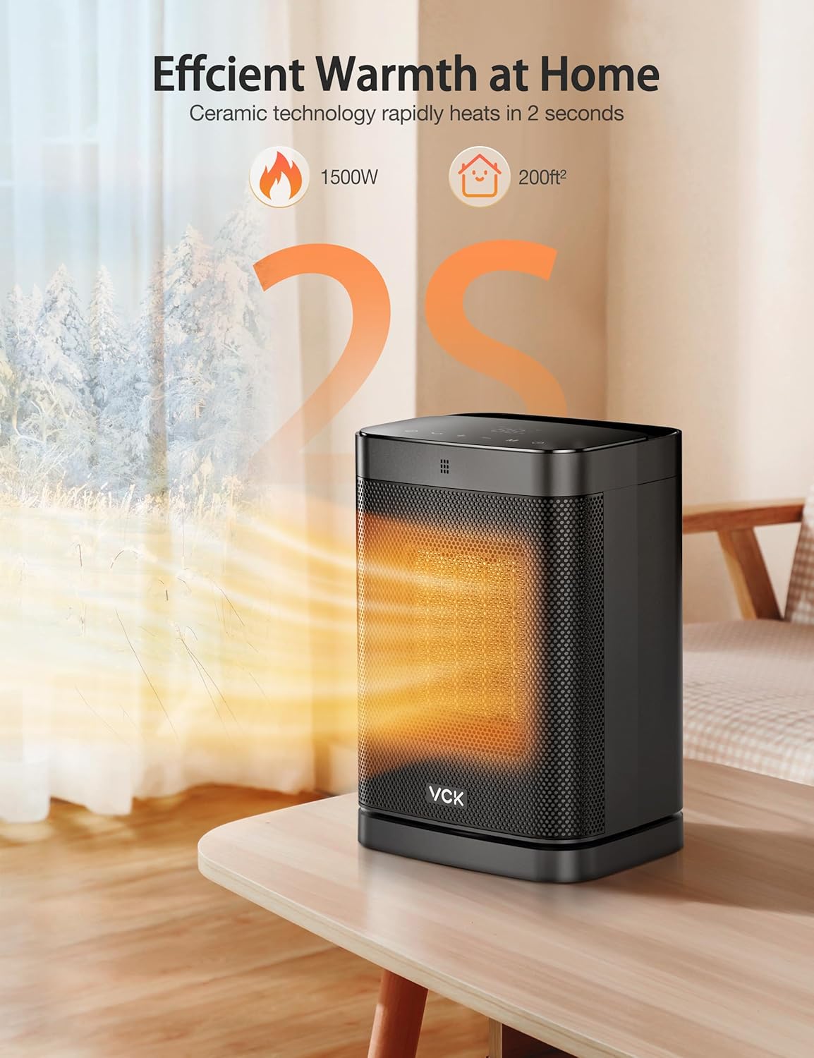 Calentadores de espacio para uso en interiores, calentador portátil VCK con oscilación de 80, calentador eléctrico PTC de 1500 W con termostato,