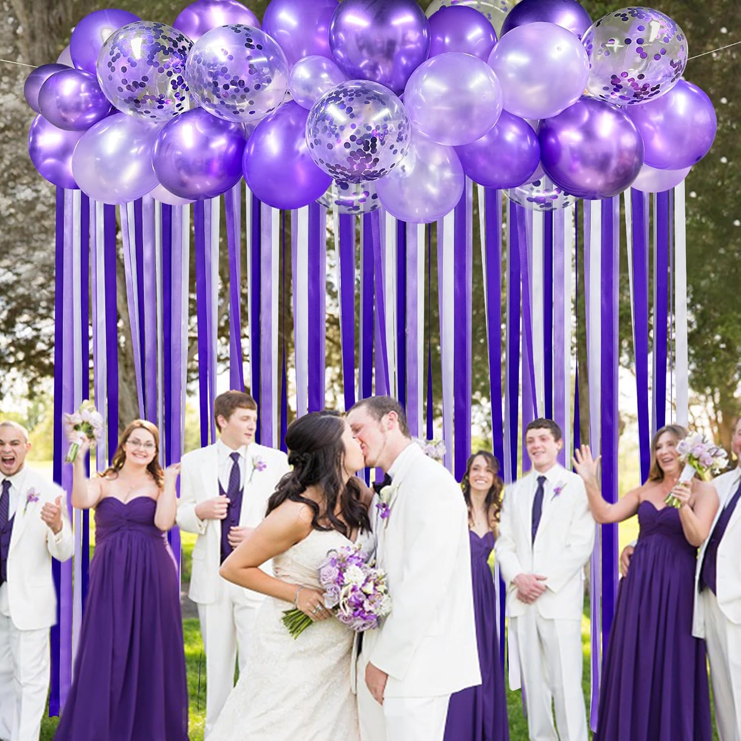 Decoraciones de fiesta moradas con cinta de lavanda para colgar, cortina de globos de serpentina, guirnalda de telón de fondo para despedida de