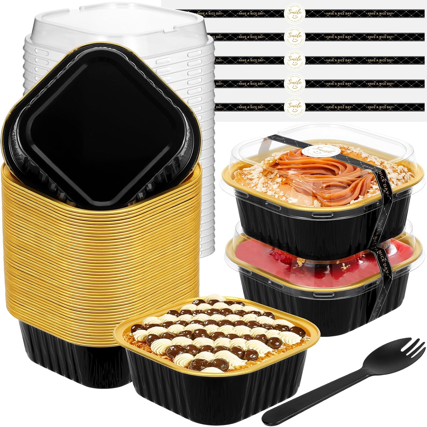 Mini moldes para pasteles con tapas y cucharas (paquete de 50, negro, 10 onzas), moldes cuadrados para magdalenas, mini sartenes de aluminio con