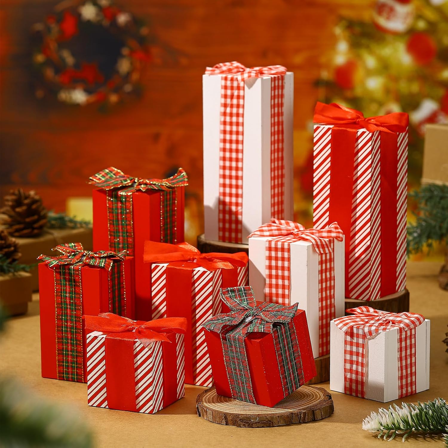 Namalu Juego de 9 piezas de 3 piezas de madera rústica de Navidad, bloques de madera sintética, centros de mesa de Navidad para mesas, decoración de