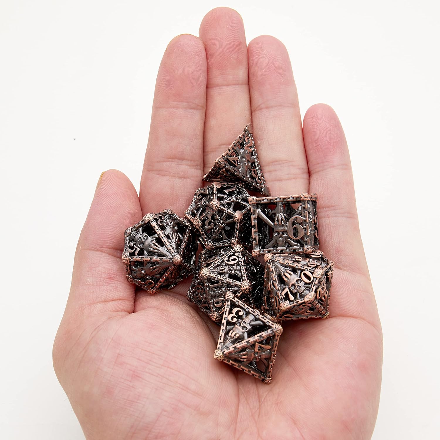 Tbrand Juego de dados de metal, dados de metal de calavera poliédricos huecos adecuados para juegos de rol de Calabozos y Dragones, cobre rojo