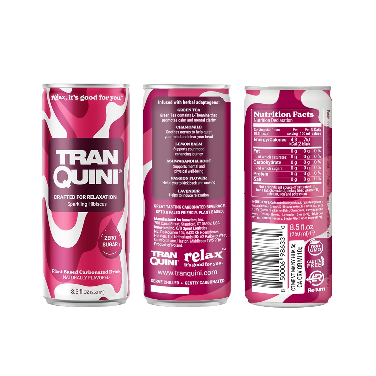 Tranquini Bebida calmante con adaptógenos herbales  Bebida para aliviar el estrés de agua con gas  Sin azúcar, sin alcohol, sin gluten, vegana – 8.5