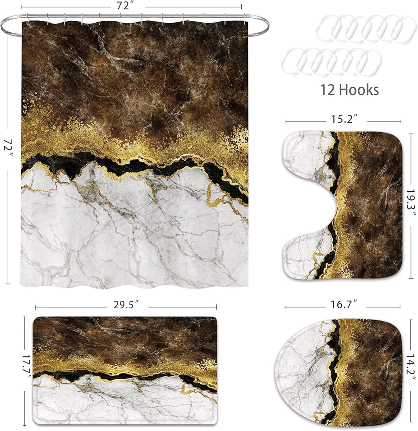 MitoVilla Juego de 4 cortinas de ducha de mármol marrón con alfombras, juegos de baño marrón dorado con cortina de ducha y alfombras y accesorios,