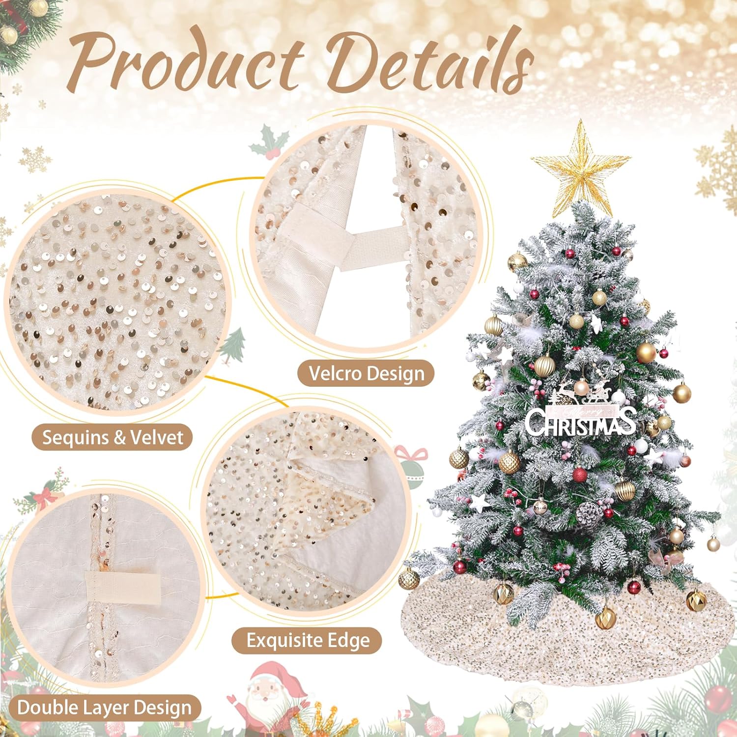 Faldón de árbol de Navidad dorado champán de 36 pulgadas, decoración de Navidad, falda redonda de terciopelo con lentejuelas para árbol pequeño para