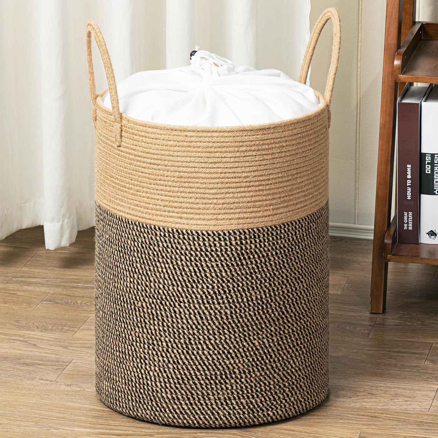Goodpick Cesta de mimbre para ropa sucia, cesta de lavandería tejida de 60 litros para mantas, cesta de ropa sucia para dormitorio, canasta alta de