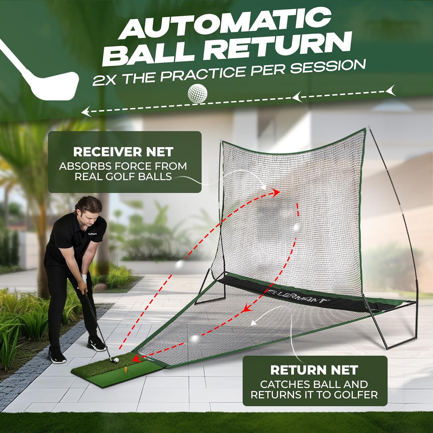 Red de golf de devolución automática de bolas para conducir en el patio trasero – Red de conducción de golf incluye cubierta protectora UV – –