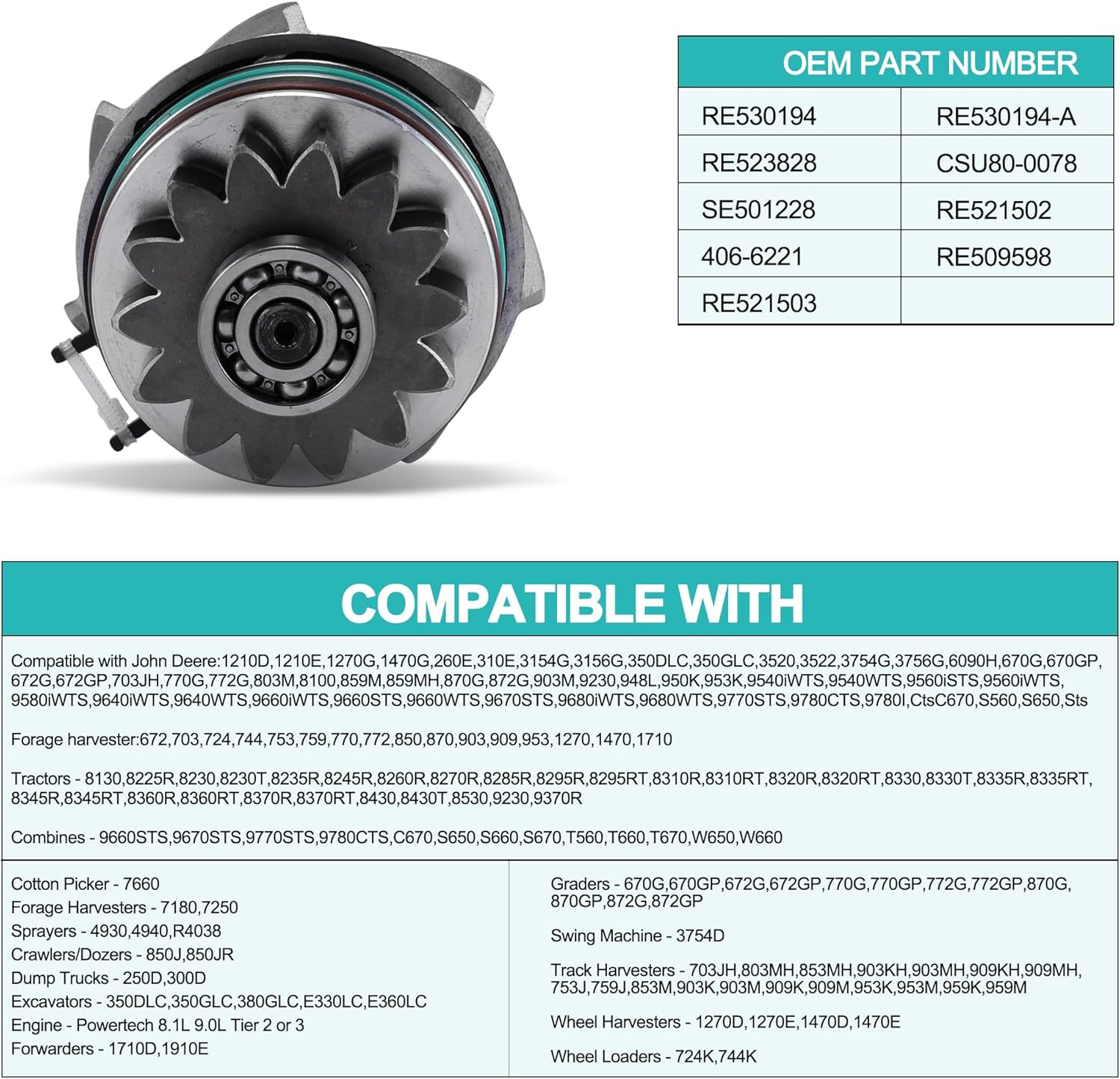 AULINK Bomba de agua RE523828 RE530194 para John Deere 4930 6090 3520 8130 850 1710 8225 8245 8270 8320 9345 1406-6221