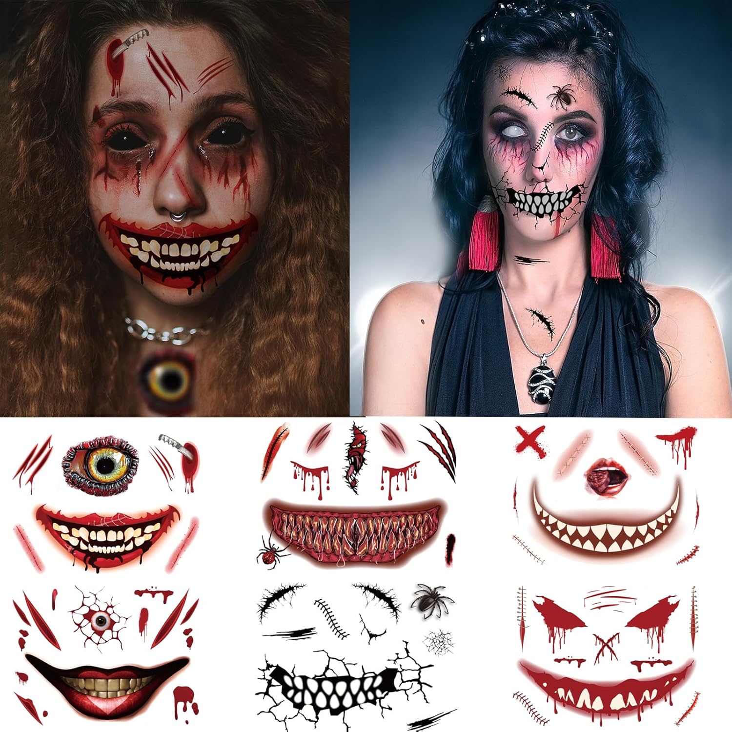 Maquillaje de broma de Halloween 2023, tatuaje temporal para adultos y niños, 6 unidades, calcomanías de tatuaje falsas de boca de payaso,