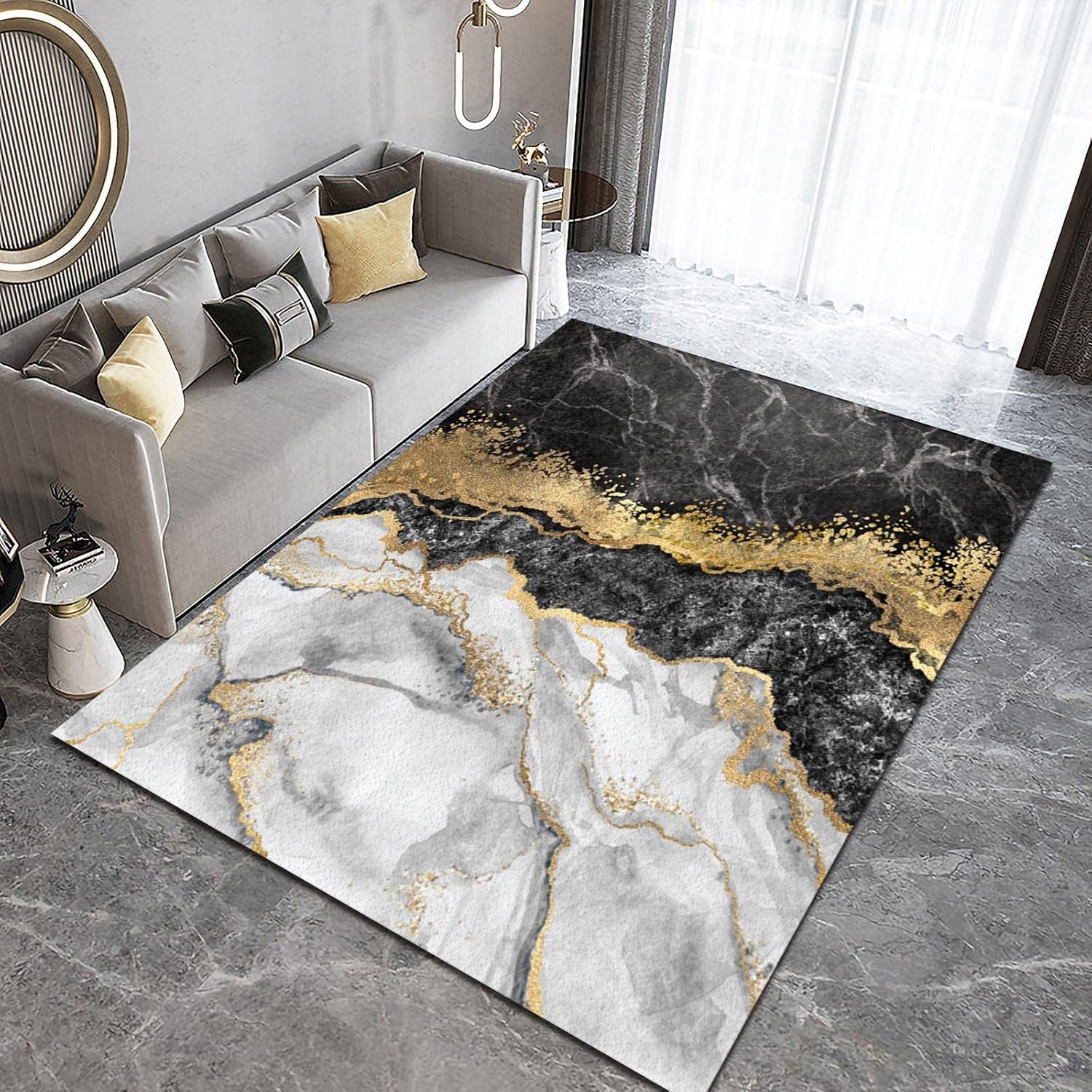 Nordic – Alfombra artística de lujo para sala de estar, alfombra moderna con textura de mármol negro, dorado y blanco, antideslizante, transpirable,