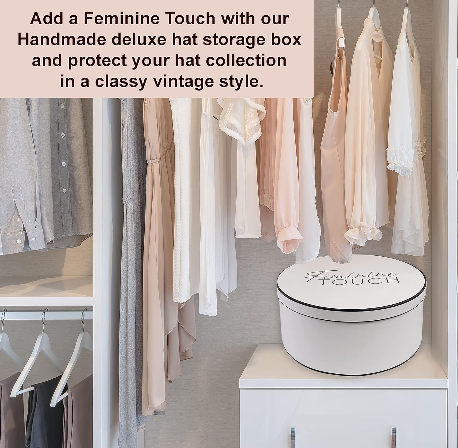 Feminine Touch Cajas para sombreros para mujer, caja de almacenamiento grande para sombreros redondos para viajes con cuerda de alta calidad,