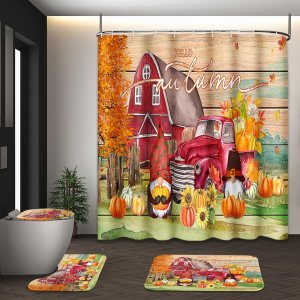Juego de cortinas de ducha de otoño con tapa de inodoro y alfombras antideslizantes, calabazas de granja, camión, gnomo, cosecha de Acción de Juego de cortinas de ducha de otoño con tapa de inodoro y alfombras antideslizantes, calabazas de granja, camión, gnomo, cosecha de Acción de