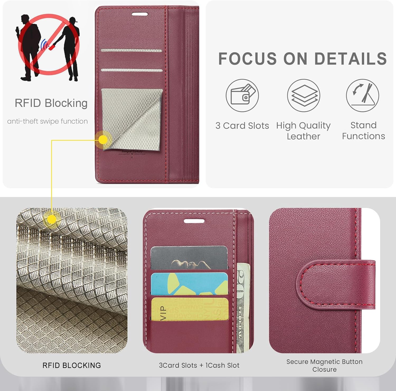 FLIPALM Funda tipo cartera para Samsung Galaxy A14 5G con bloqueo RFID, soporte para tarjeta de crédito, de piel sintética, función atril, funda