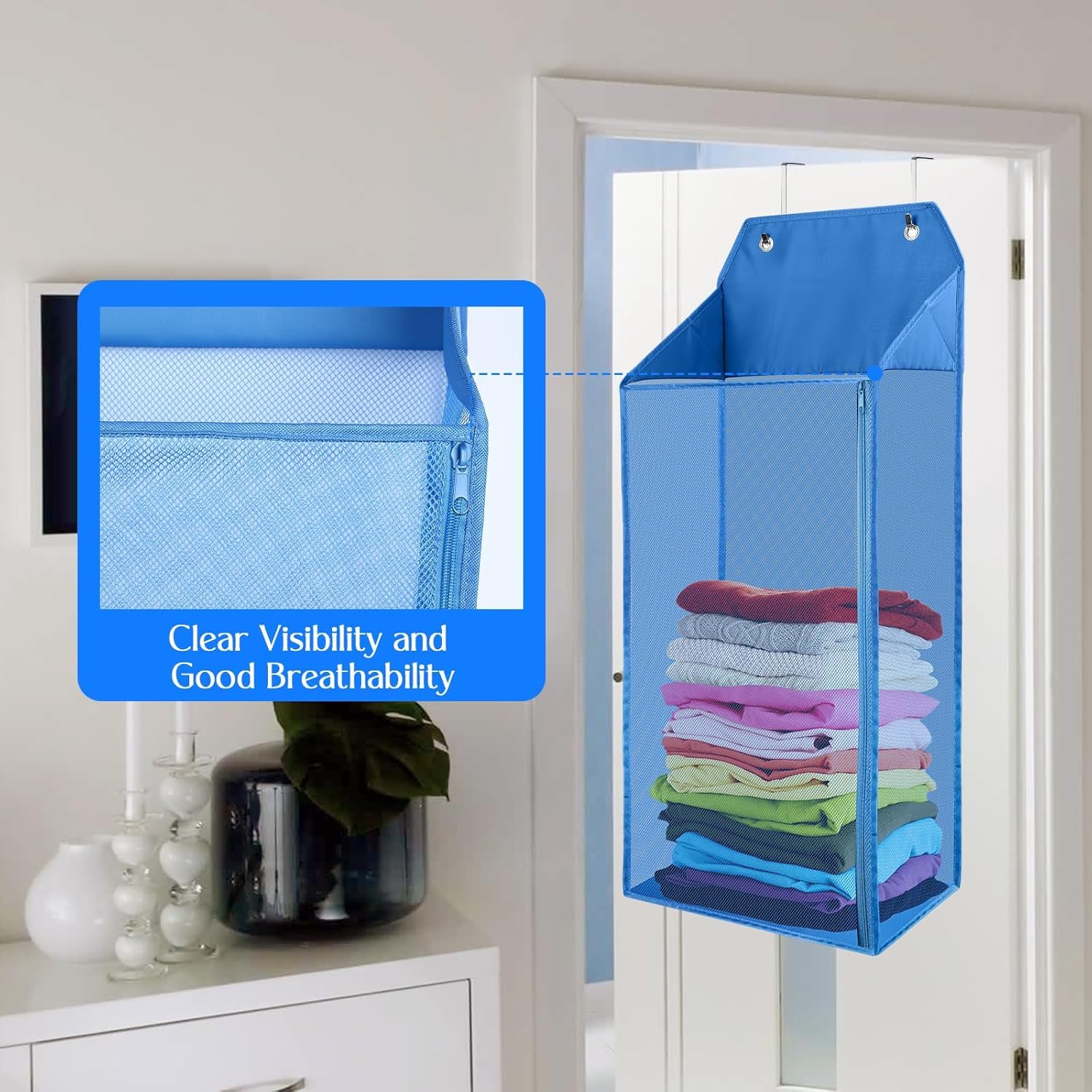 Libeder Cesta de lavandería para colgar sobre la puerta, cesta plegable de malla para colgar con cremallera para organizador de ropa sucia, bolsa de