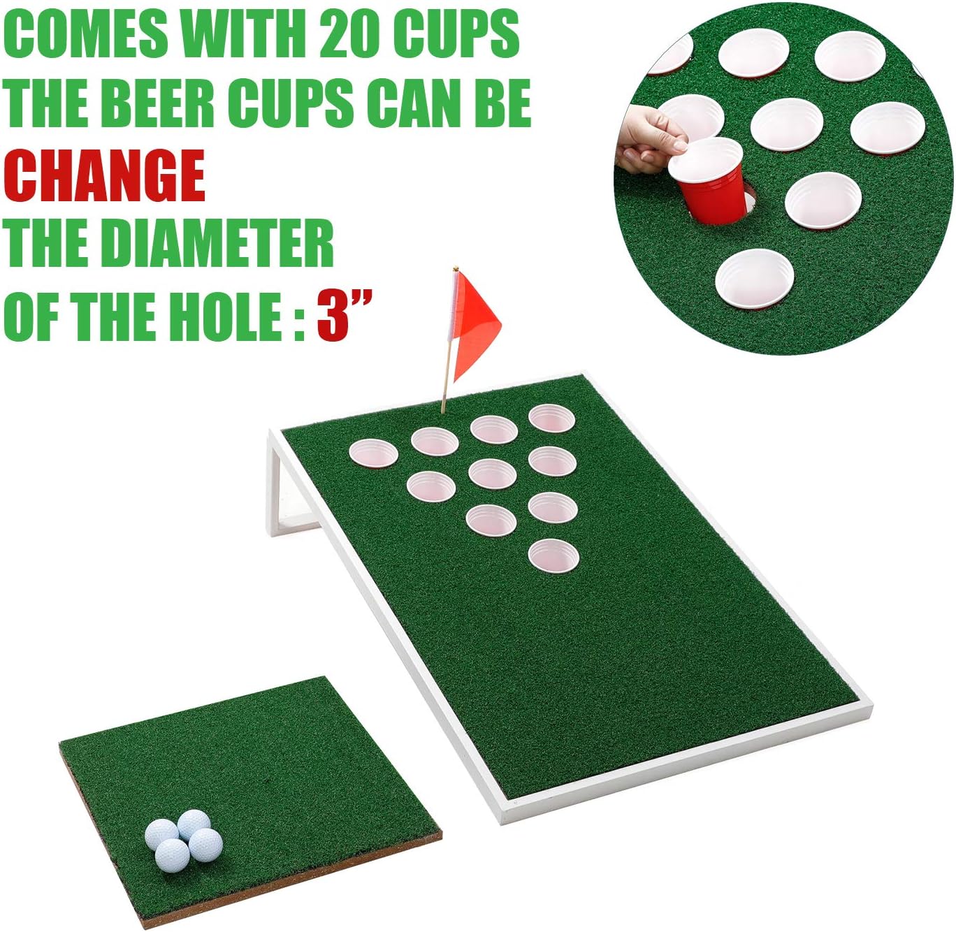OOFIT Juego de Cornhole de golf combinado con juego de pong, tablas de juego de astillado con alfombrillas de astillado y pelotas de golf para