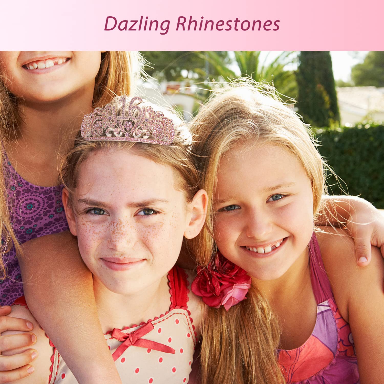 VeryMerryMakering Banda y tiara de cumpleaños número 16 para niñas, juego fabuloso banda con purpurina + flores de diamantes de imitación rosa tiara