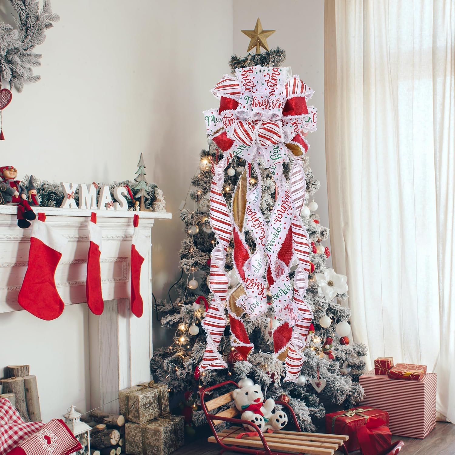 Decoración para árbol de Navidad, lazo de corona de Navidad, 45 x 12 pulgadas, arpillera grande con borde de poliéster blanco y rojo, lazo de regalo