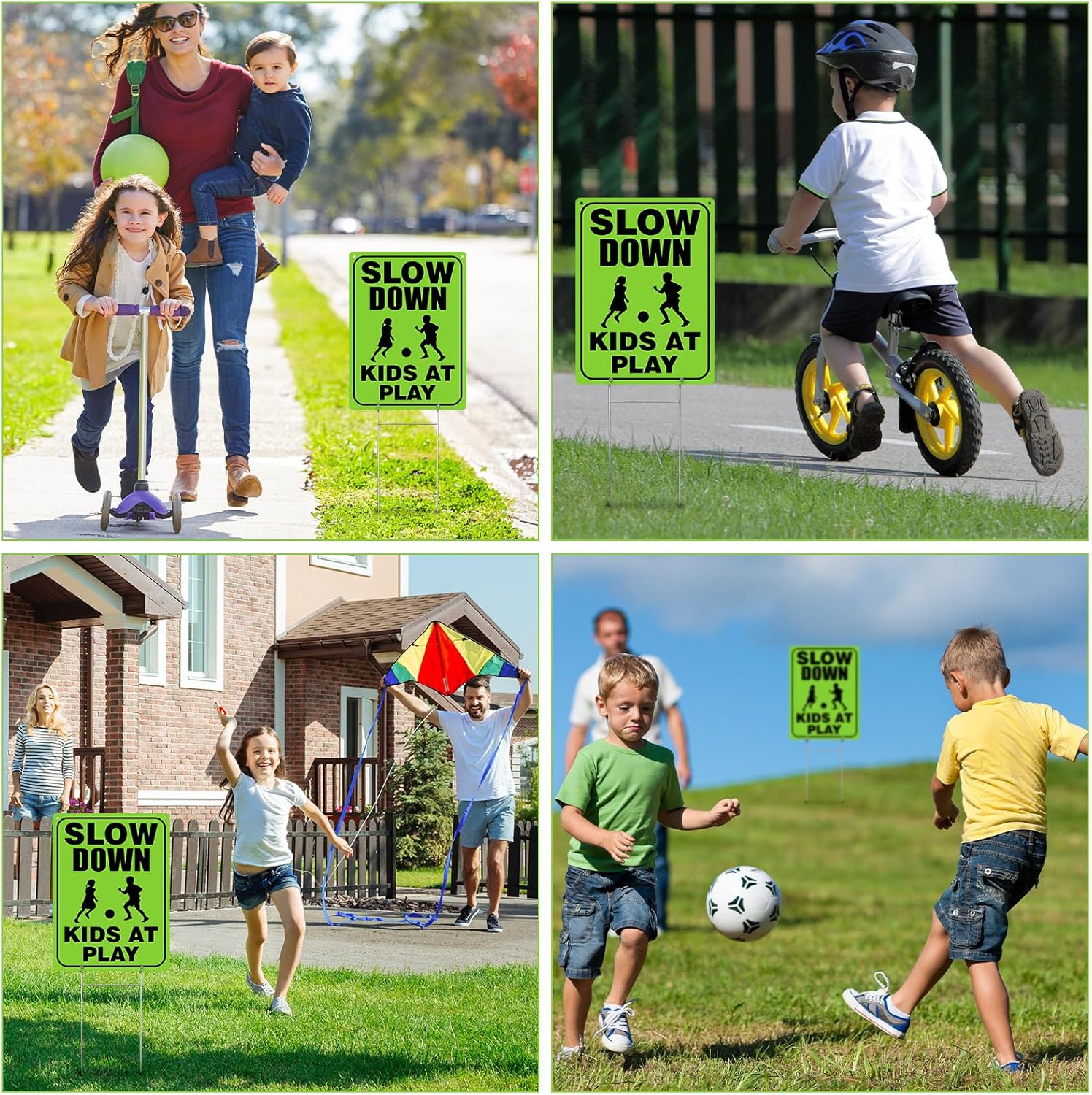 Zonon 4 letreros de seguridad para niños en juego con alambre de metal con estacas en H de precaución para niños en el juego, letreros reflectantes