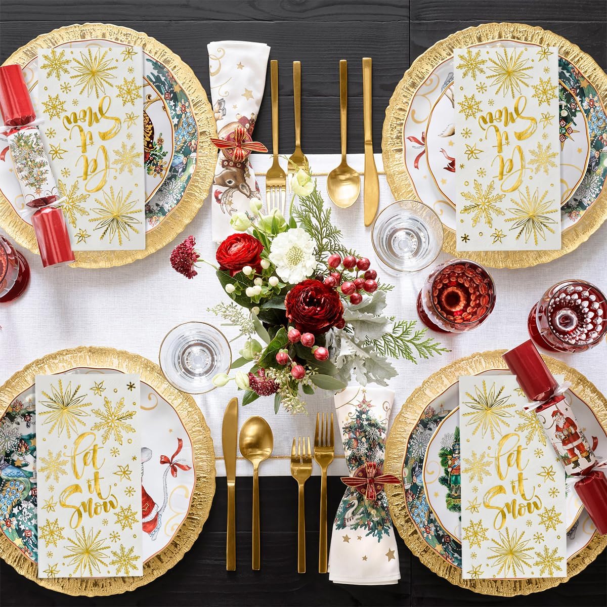Horaldaily 100 servilletas decorativas de papel desechables de Navidad, Let It de papel blanco como la nieve, toalla de mano de papel dorado para