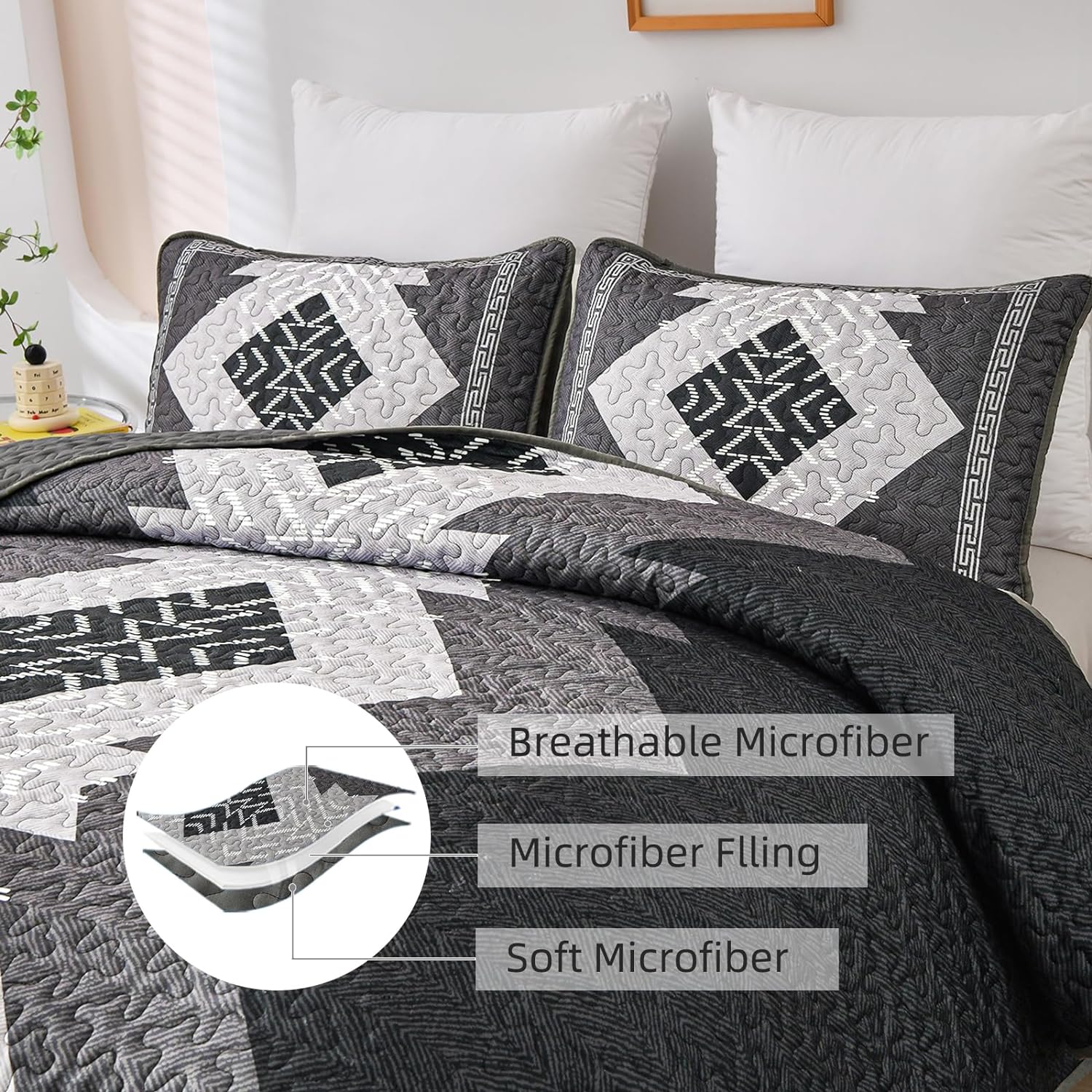 Dintszyayue Juego de edredón bohemio de 3 piezas, tamaño King, con textura azteca negro, gris, juego de ropa de cama bohemia de microfibra ligera