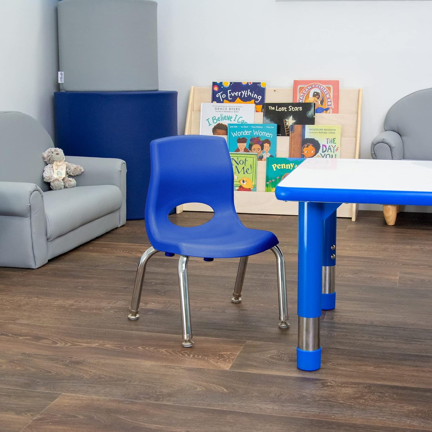 Angeles H, azul con patas cromadas, paquete de 4 sillas MyPosture para niños, 8 pulgadas