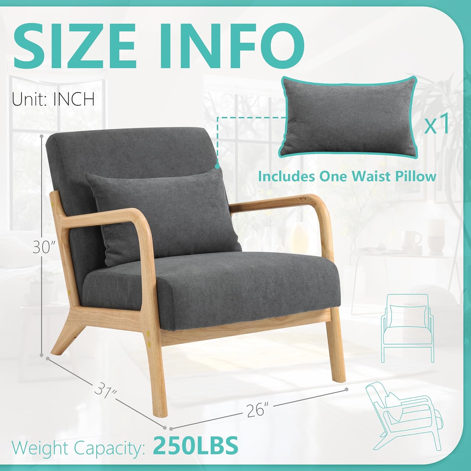 Dolonm Silla decorativa moderna con marco de madera, silla tapizada con cojín de cintura, sillón de terciopelo para sala de estar, dormitorio, sala
