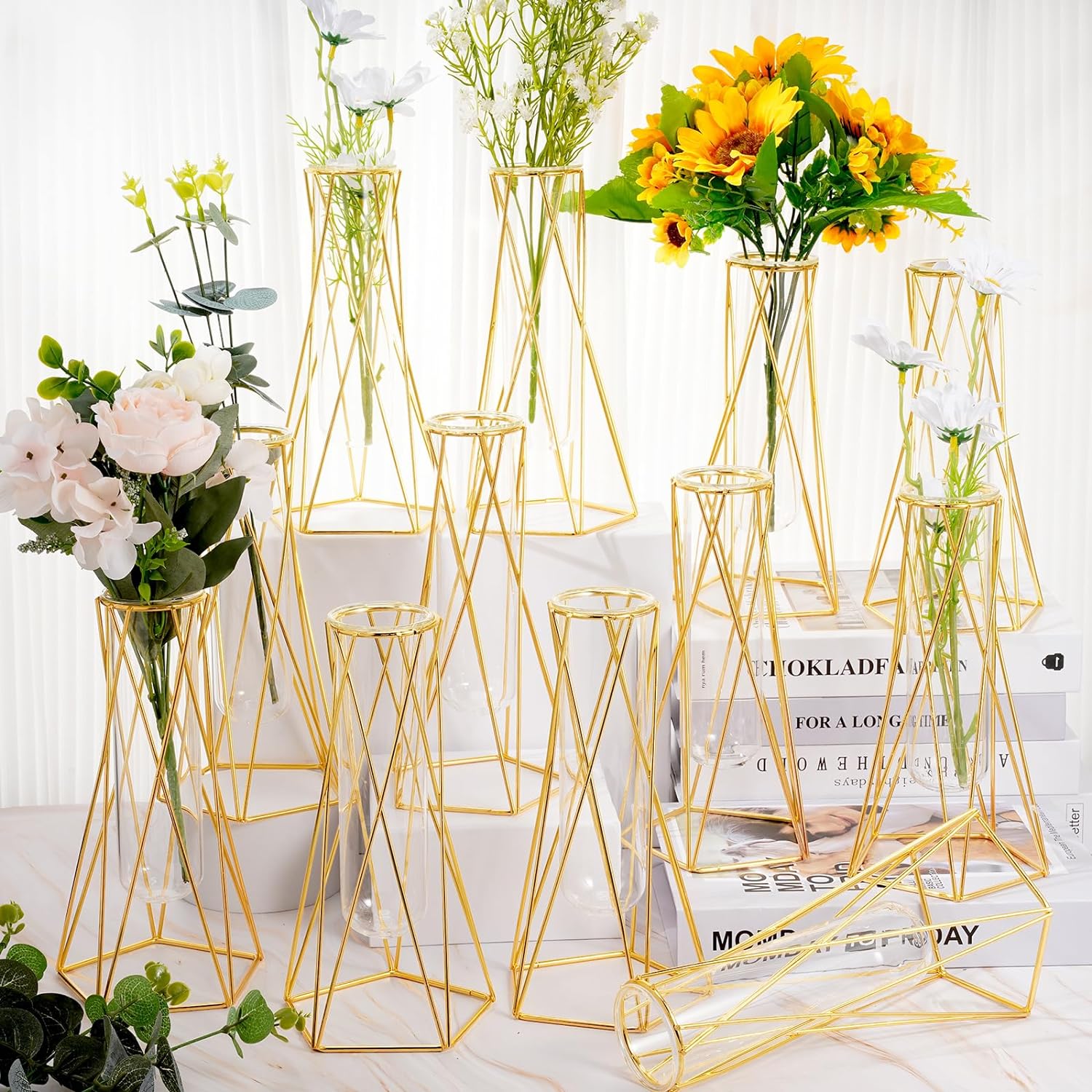 Jarrón geométrico dorado de 12 piezas para centros de mesa, jarrón de vidrio con soporte de metal, jarrón hidropónico, florero moderno para