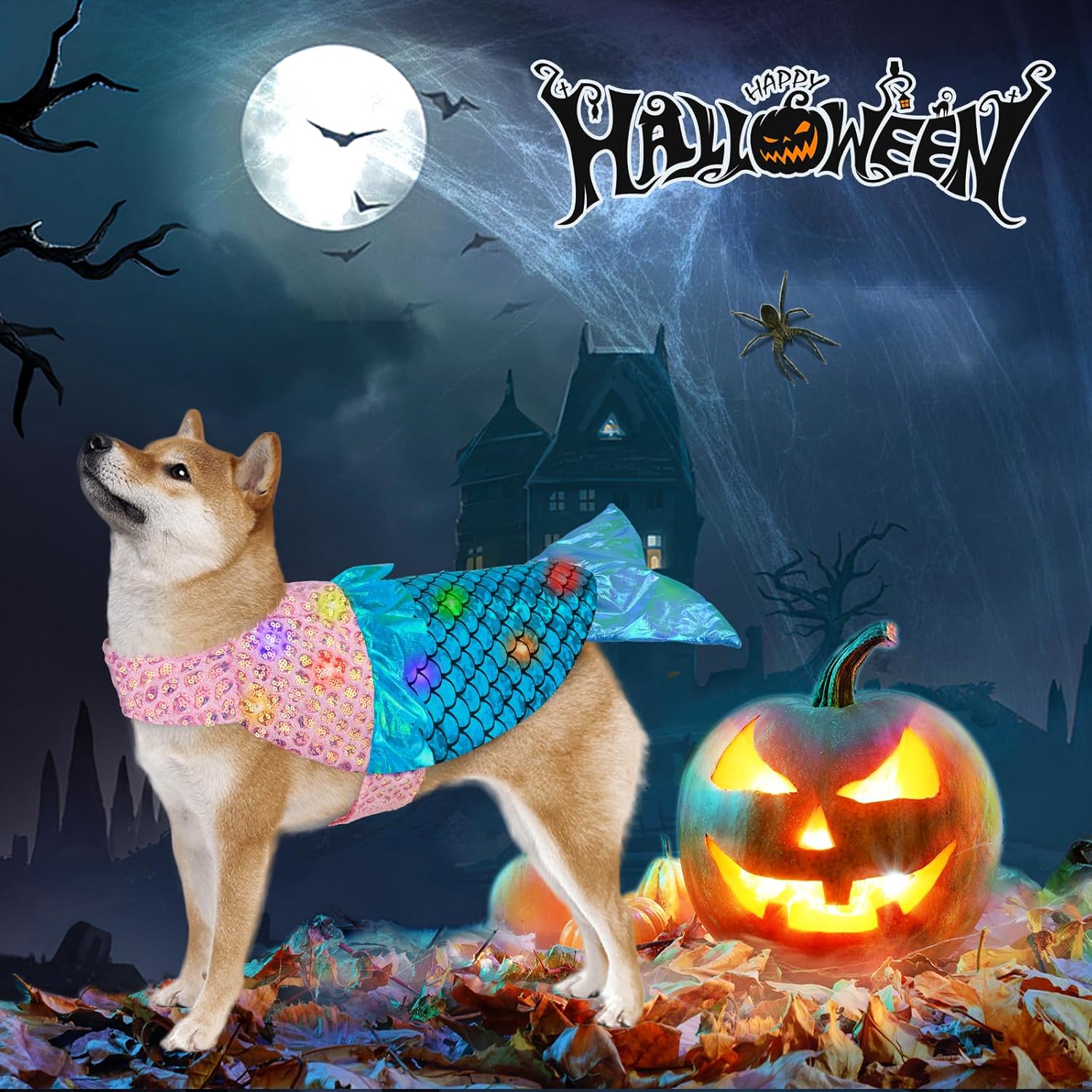 Disfraz de sirena para perro, disfraces de perro de Halloween con luces LED, disfraces divertidos de Halloween para Acción de Gracias, disfraces