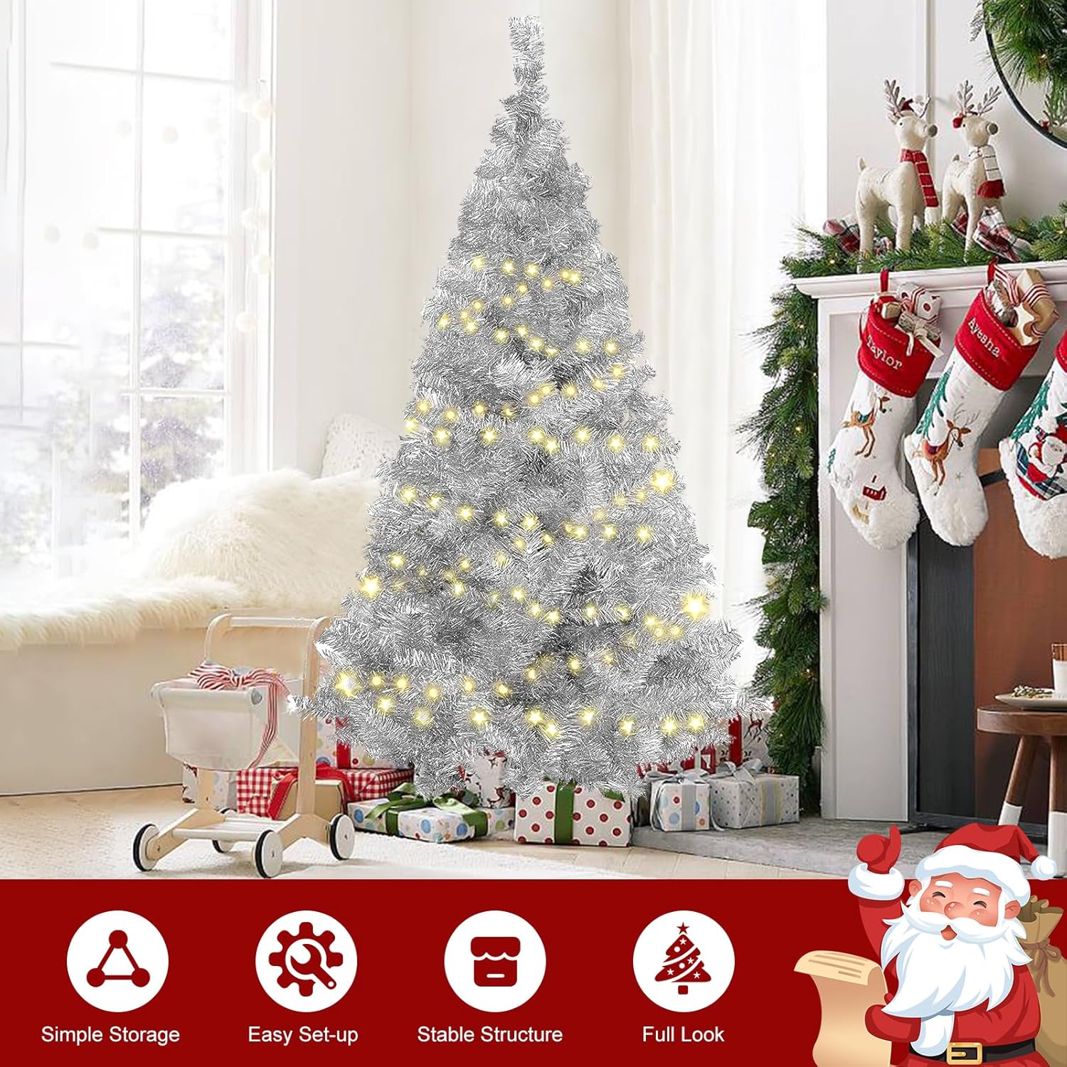 Árbol de Navidad plateado de 5 pies para el hogar, oficina, decoración de fiesta, árbol de Navidad de oropel artificial para Navidad, decoración de