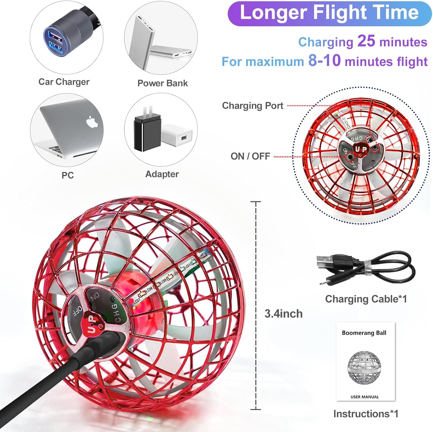 CASEIER Juguete flotante de bola de orbe volador, bola flotante controlada a mano con luz RGB, bolas de mosca boomerang de 360 para juguetes
