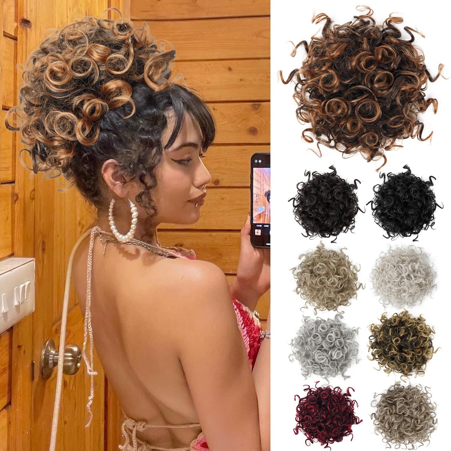 MaopaoBeauty Extensiones de cabello sintético con cordón elástico y ondas sueltas, moño desordenado, moño rizado, moño para mujeres negras, uso