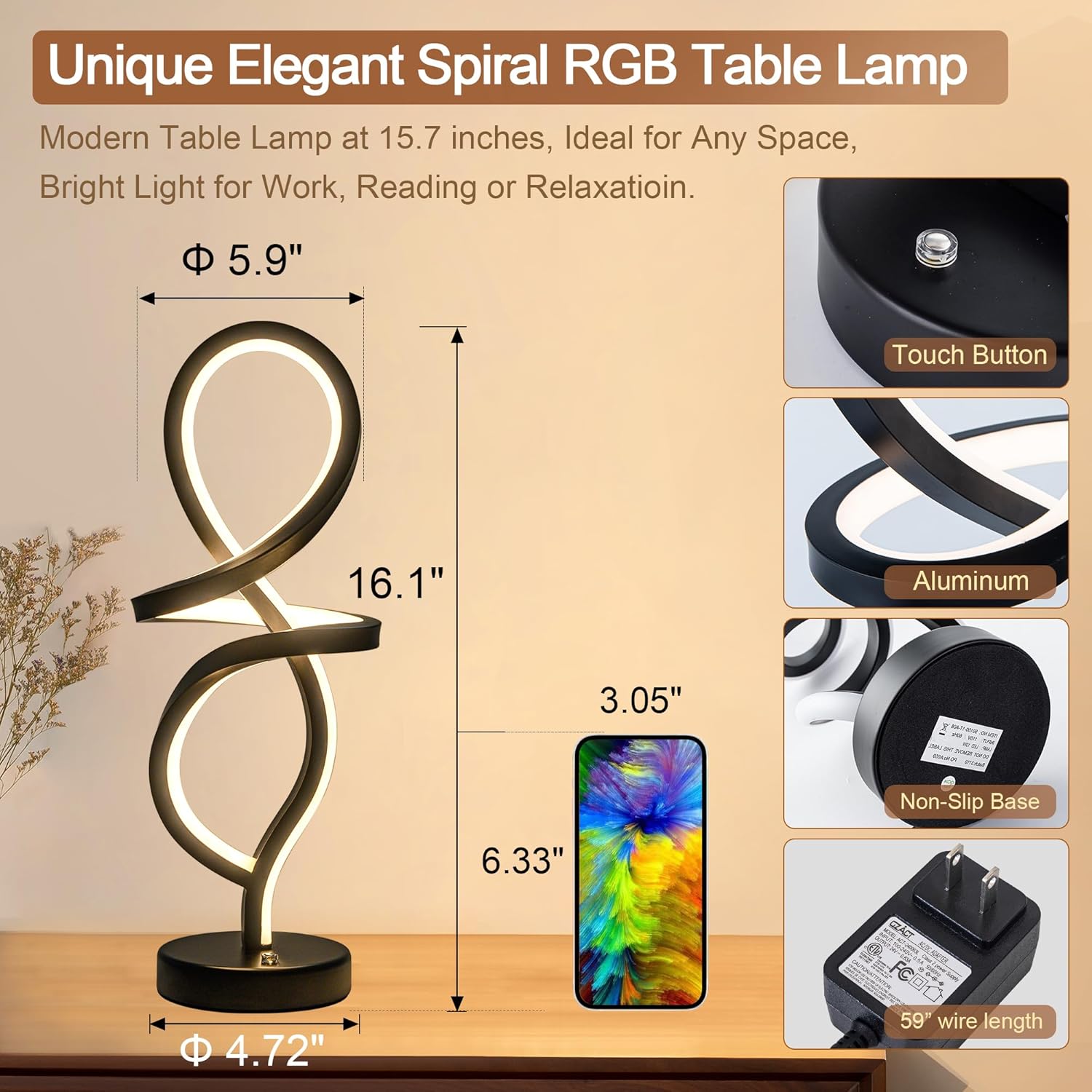 Lámpara de mesa moderna, lámpara LED en espiral, lámpara de mesa RGB, lámpara de noche negra con 7 colores, 10 modos de luz, lámpara de mesita de