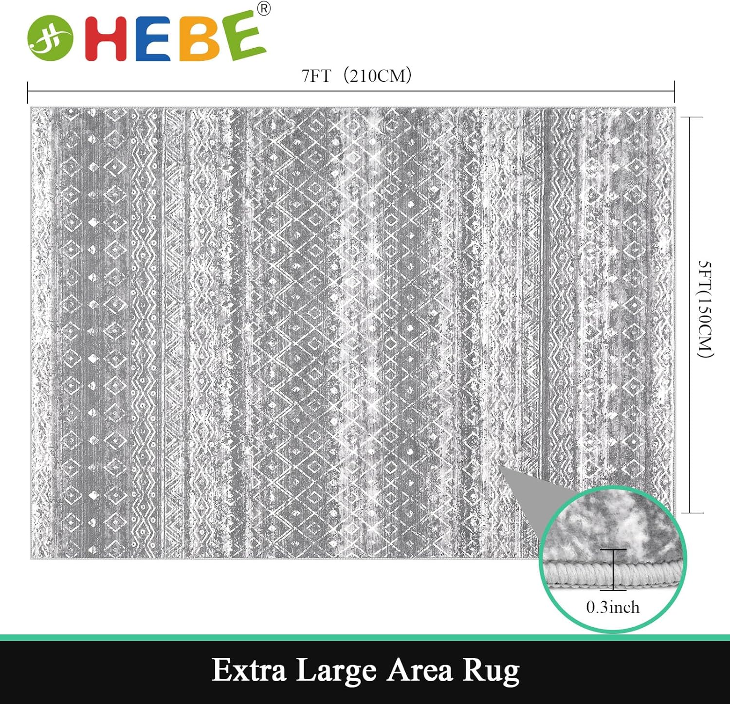 HEBE Alfombra bohemia de 5 x 7 pies, grande, envejecida, lavable, para dormitorio, suave, antideslizante, comedor, alfombra vintage para el suelo,